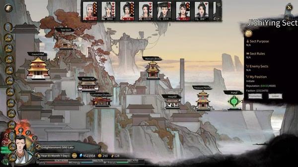 Tale of Immortal screenshot showing a mountain sect area with buildings like Council Hall and Treasure Pavilion, along with character portraits.