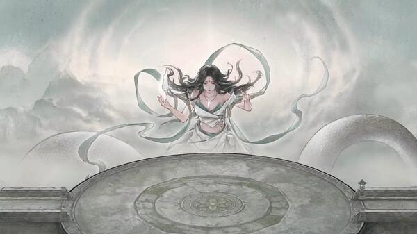 Screenshot from Tale of Immortal showing a mystical character with flowing robes and ribbons, standing against a cloudy backdrop.
