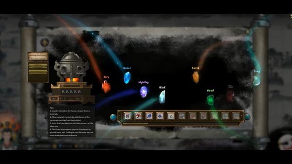 A screenshot from Tale of Immortal showing elemental crystals, a cauldron, and a crafting interface on a mystical background.