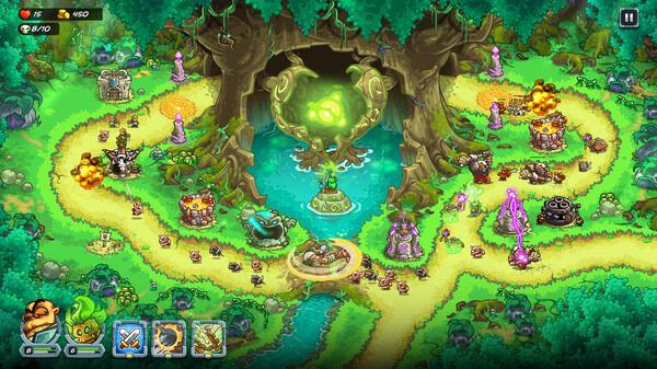 Screenshot of Kingdom Rush 5: Alliance TD showing a vibrant forest map with towers, enemies, and a large mystical tree at the center.