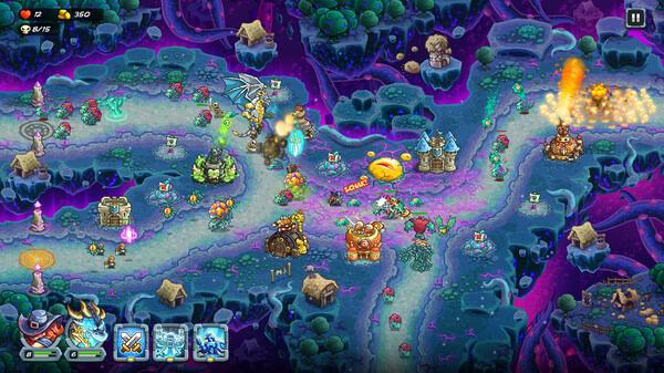 Screenshot of gameplay from Kingdom Rush 5: Alliance TD, showing towers, enemies, and a dragon in a colorful fantasy landscape.