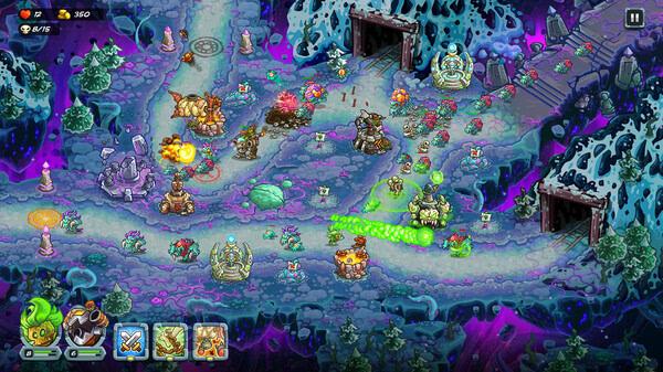 Screenshot of Kingdom Rush 5: Alliance TD showing a vibrant battlefield with various towers and enemy units on a winding path.