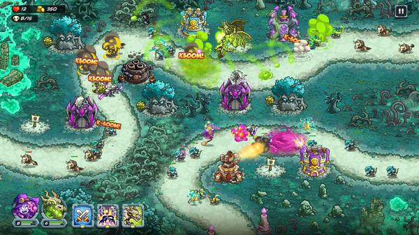 Kingdom Rush 5: Alliance TD screenshot showing a chaotic battle with towers, heroes, and enemies on a winding path in a mystical forest.