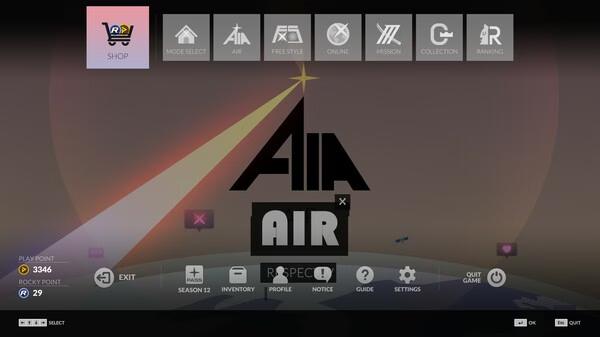 Screenshot of the DJMAX Respect V main menu, showing the "AIR" mode selection highlighted with various other menu options visible.
