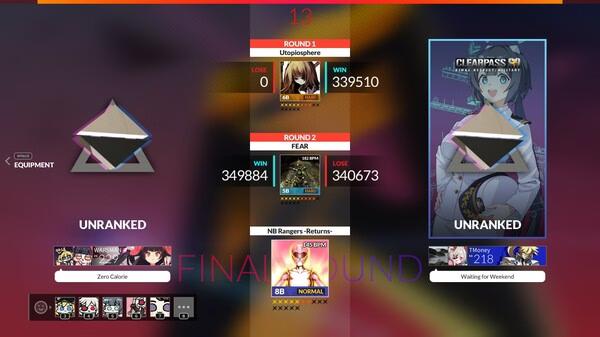 DJMAX Respect V screenshot: Two players compete in the final round with visible scores and anime character cards.