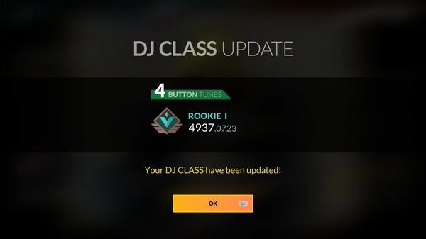 DJMAX Respect V screenshot: DJ CLASS update screen shows Rookie I rank with a score of 4937.0723 and an OK button.
