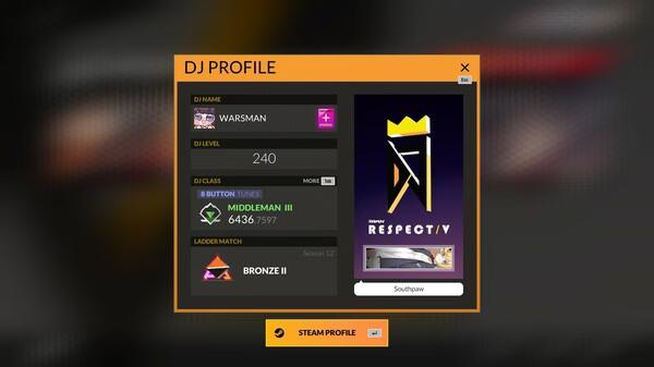 DJMAX Respect V screenshot: DJ profile showing in-game name Warsman, DJ level 240, and current class Middleman III.