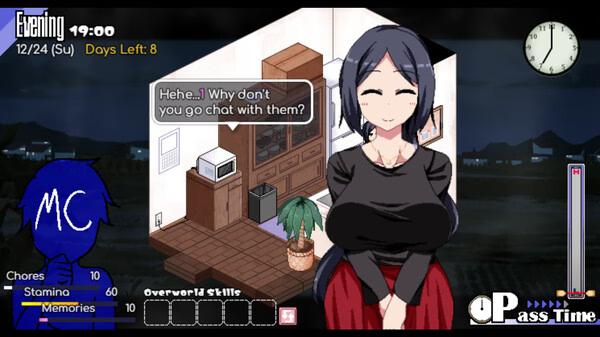 Screenshot from Winter Memories: A character stands in a room with a dialogue box, next to a houseplant.