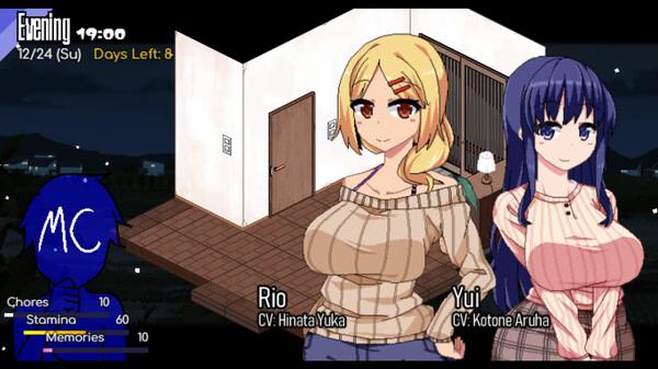 Winter Memories screenshot: Rio and Yui stand in a warmly lit room, with game stats visible on the left side.