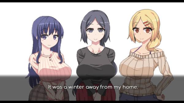 Screenshot from 'Winter Memories' showing three animated characters standing together with dialogue text at the bottom.