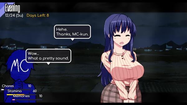 Screenshot from Winter Memories showing two characters, MC and a girl, talking at night. Dialogue about a sound is visible.