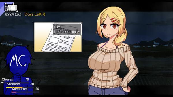 Screenshot from Winter Memories: a character reads a newspaper in the evening with stats visible at the bottom left.