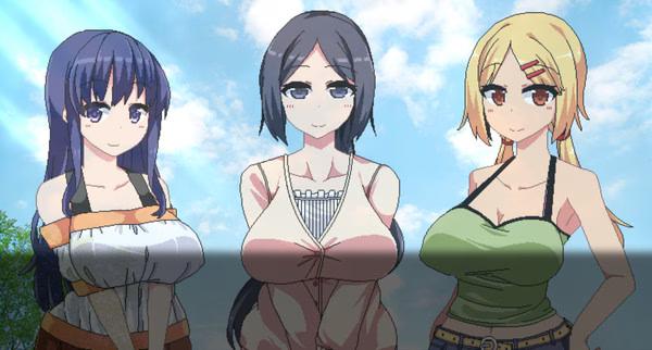 Summer Memories screenshot: Three animated female characters stand outdoors under a bright sky, facing the viewer.