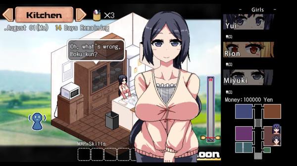 Summer Memories screenshot: A woman stands in a kitchen, dialog reads "Oh, what's wrong, Boku-kun?" with game stats visible on the right.
