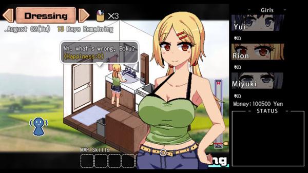 Screenshot from Summer Memories. A character in a green tank top stands indoors, while another is at a kitchen counter.