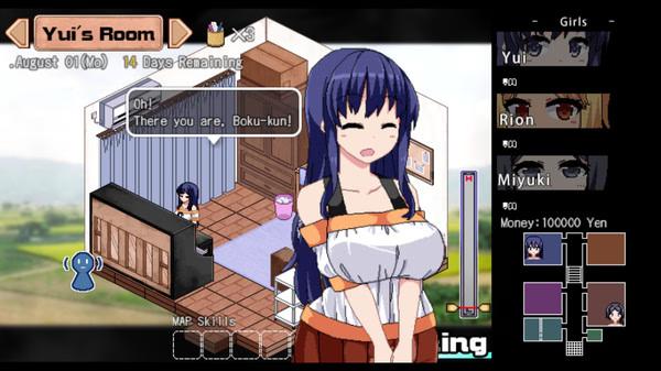 Screenshot from the game 'Summer Memories' showing Yui in her room with dialogue, character stats, and game controls visible.