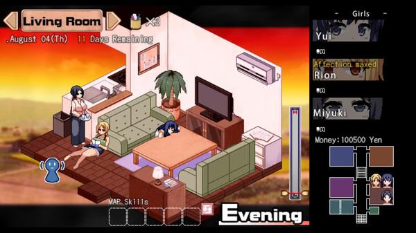 Screenshot from 'Summer Memories' showing characters relaxing in a living room with a TV, couch, and houseplants.