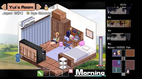 Screenshot from "Summer Memories" showing Yui's room with Yui sitting at a desk, surrounded by furniture and decor.