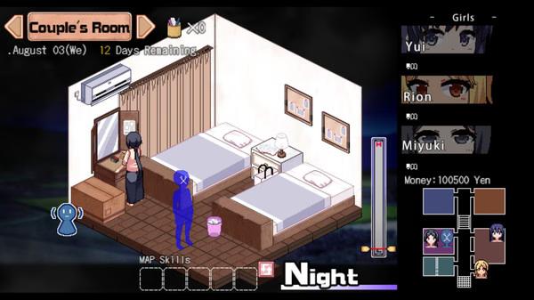 Screenshot from the game 'Summer Memories': a character stands in a couple's room at night, with two beds and a wardrobe visible.