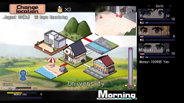 Screenshot from Summer Memories showing a map with locations like a house and university. Status bars for Yui, Rion, and Miyuki visible.