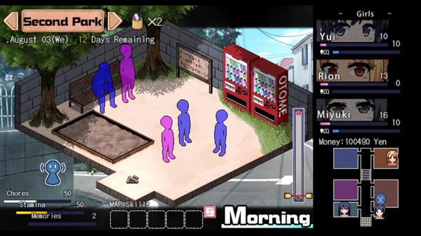 Screenshot from "Summer Memories" showing characters in a park near vending machines, with stats and game interface visible.
