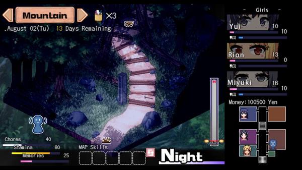 Screenshot from Summer Memories: Nighttime view of a winding path in the mountains, with character stats on the right.