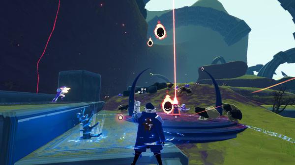 Risk of Rain 2 screenshot: A character battles enemies using glowing abilities in a vibrant, alien landscape with curved structures.