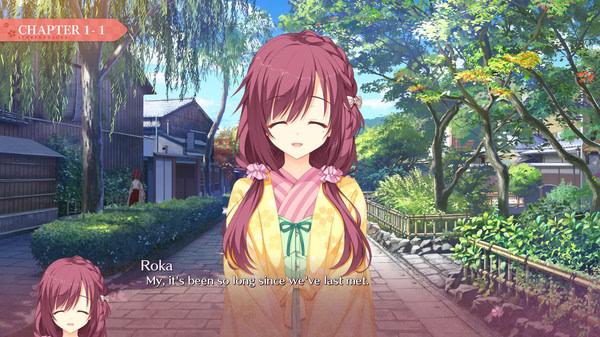 Screenshot from Senren*Banka showing Roka in a kimono, standing on a path with houses and trees under a clear sky.