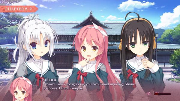 Screenshot from Senren*Banka showing Koharu, the Shrine Princess, and Hitachi-senpai standing in front of a traditional shrine.