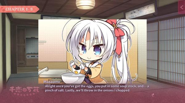 Screenshot from Senren*Banka: A character with white hair cooks, preparing ingredients in a traditional kitchen setting.