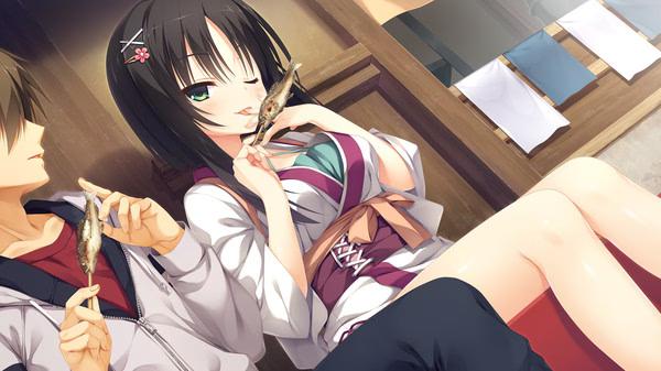 Screenshot from Senren*Banka showing a girl with dark hair eating grilled fish alongside a male character in a casual setting.