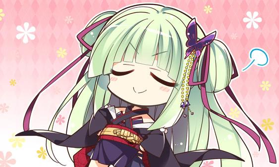 Screenshot from Senren*Banka showing a chibi character with green hair styled in twin tails, smiling peacefully against a pink floral backdrop.