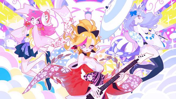 Muse Dash screenshot featuring three colorful characters in vibrant outfits, holding instruments amidst a whimsical background.