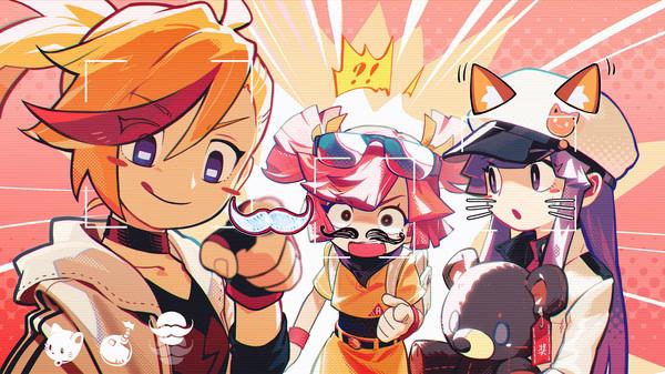 Muse Dash screenshot: Three anime characters with playful expressions and accessories, including a bear plush.