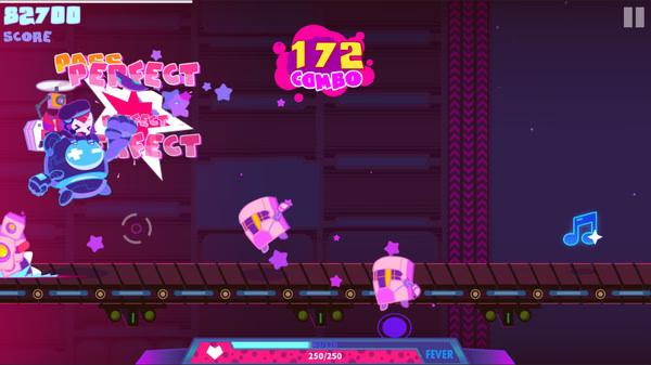 Muse Dash screenshot: A character hits enemies on a conveyor belt, achieving a 'perfect' combo score of 172.