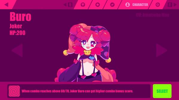 Muse Dash screenshot featuring the character Buro, known as Joker. Text indicates HP:200 and combo bonus score information.