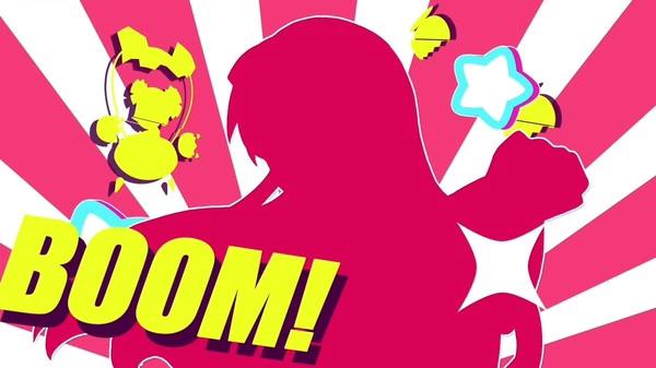 Muse Dash screenshot showing a vibrant silhouette of a character with "BOOM!" text, surrounded by colorful star and object graphics.