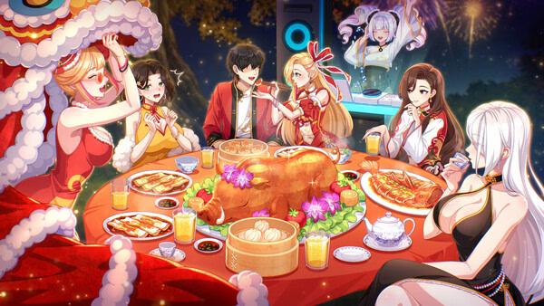 Screenshot from Love n Life: Happy Student showing characters enjoying a festive dinner with fireworks and decorations in the background.