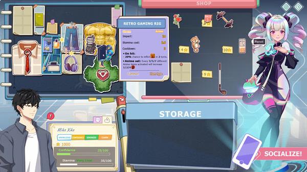 Screenshot from Love n Life: Happy Student showing a character, inventory items, and a "Retro Gaming Rig" description.