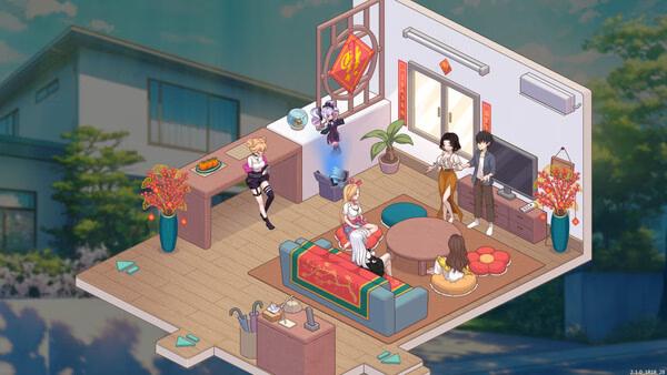 Screenshot from Love n Life: Happy Student showing five characters in a cozy, decorated living room with a large window view.