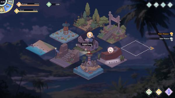 Screenshot of "Love n Life: Happy Student" showing a map with various locations, including a Student House and mission markers.