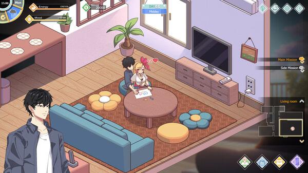 Screenshot from 'Love n Life: Happy Student' showing two characters sitting together in a living room next to a TV.
