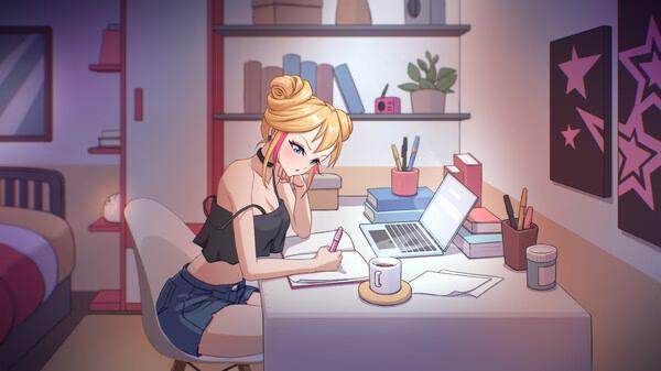 Screenshot from Love n Life: Happy Student showing a character studying at a desk with a laptop, books, and a cup of coffee.