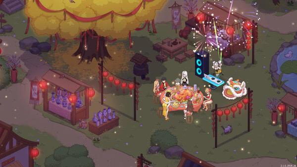 Screenshot from Love n Life: Happy Student showing a festive outdoor party with food, lanterns, and fireworks under a large tree.