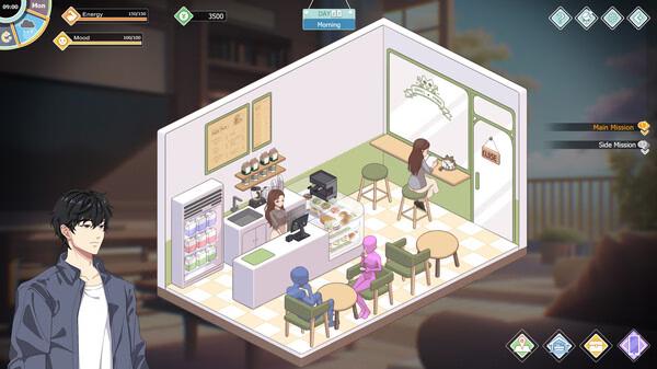Screenshot from Love n Life: Happy Student showing a cafe scene with characters sitting and a counter with food.
