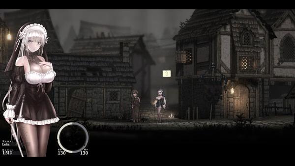 SiNiSistar 2 screenshot: A maid character stands in a dark medieval village with houses, NPCs, and glowing lights visible.