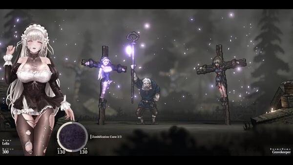 Screenshot from SiNiSistar 2 featuring a character in a maid outfit with two figures on crosses and a figure wielding a glowing staff.
