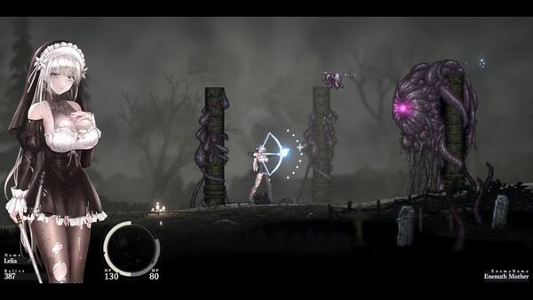 SiNiSistar 2 screenshot: A character aims a bow at a large, tentacled creature amidst a dark, eerie landscape.