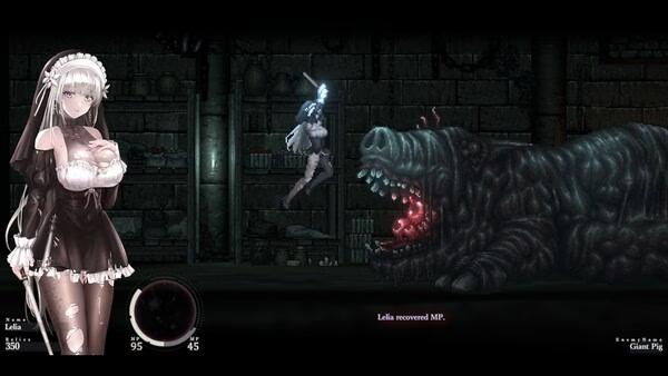 SiNiSistar 2 screenshot: A character leaps towards a giant pig in a dark dungeon, with stats displayed on the screen.