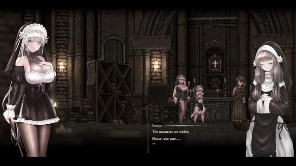 Screenshot from SiNiSistar 2 showing a dialogue scene with two characters in a gothic-style church interior.